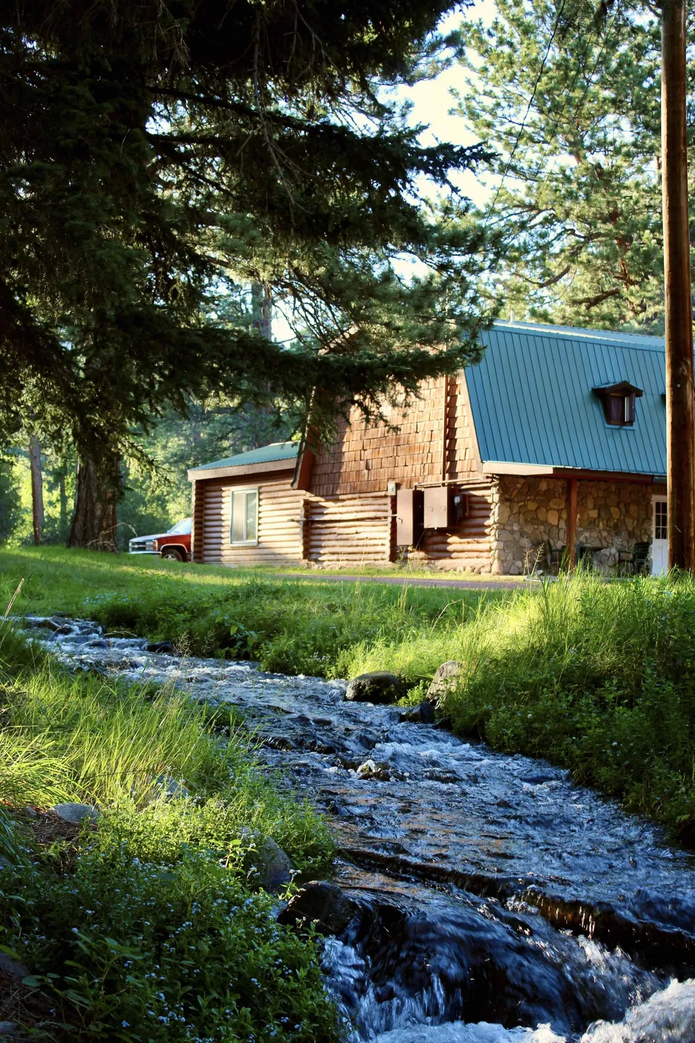 A babbling brook runs past the Wagon Box in Story, Wyoming.