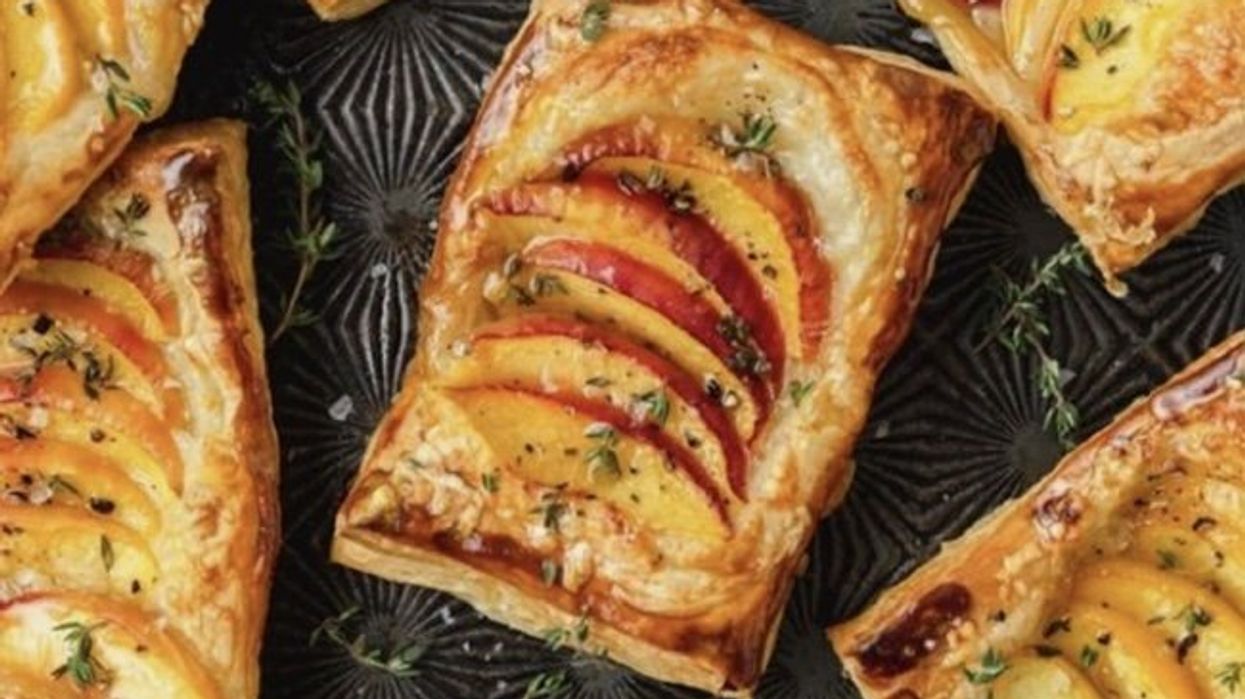 A peach tart with goat cheese and basil is a breezy July treat