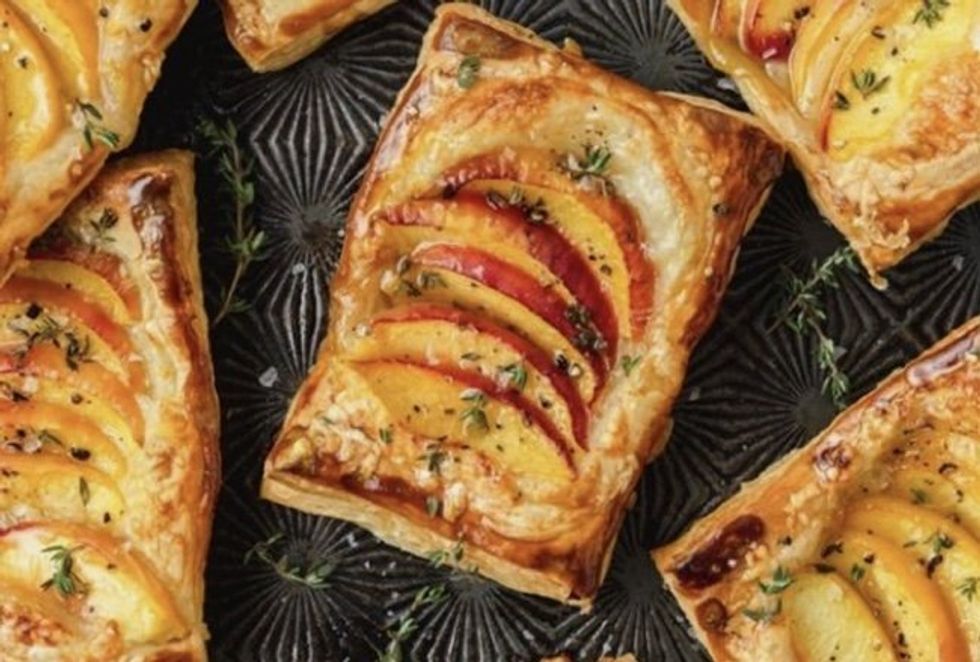 A peach tart with goat cheese and basil is a breezy July treat