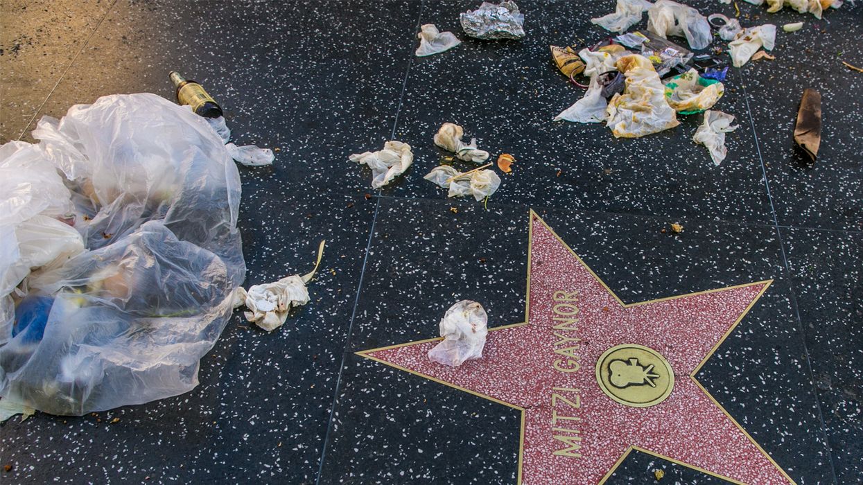 Actress Mitzi Gaynor's star on the Hollywood Walk of Fame is littered with trash in Los Angeles, which is in the middle of a garbage, rats, and feces epidemic.