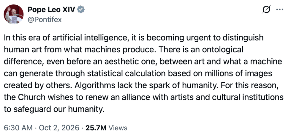 An X.com post from Pope Leo XIV