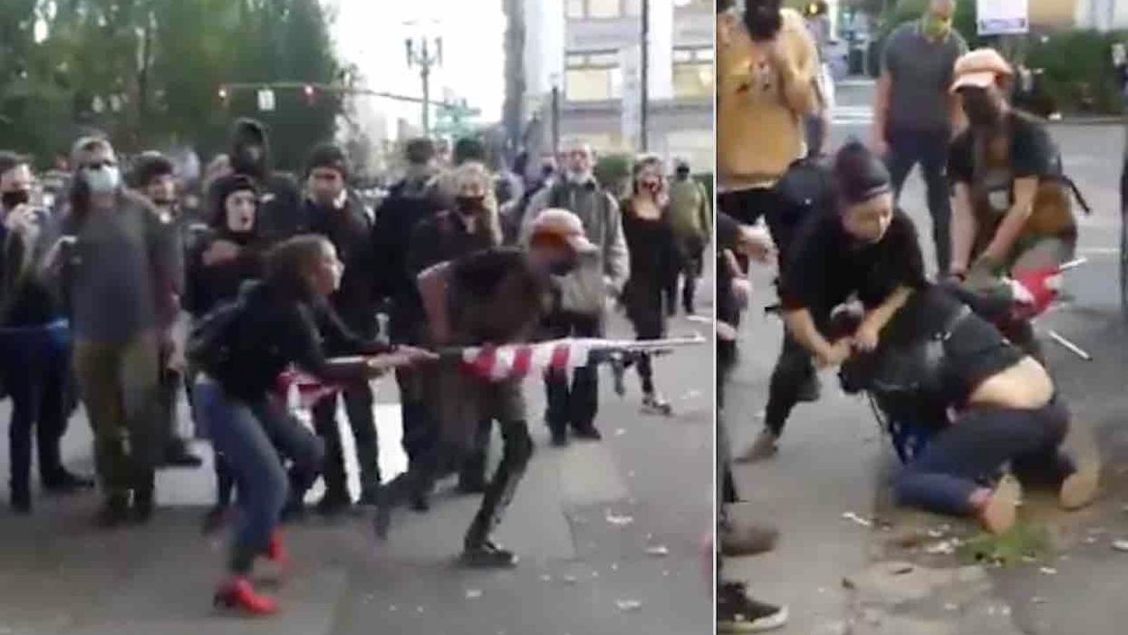 Antifa militants gang up on woman of color, drag her to ground by her hair, try yanking American flag from her — but she doesn't let go
