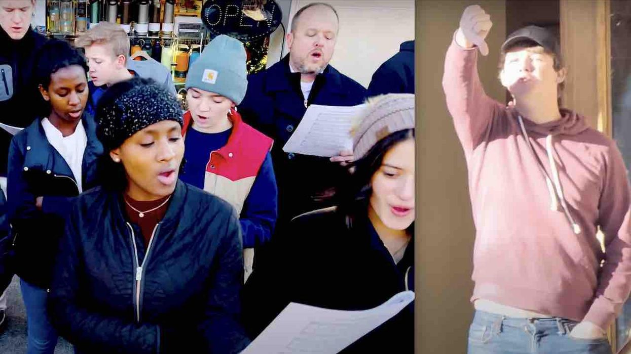 Christmas carolers get thumbs down from angry onlookers who try drowning them out with amplified noise. The carolers' response? A hearty, 'Merry Christmas!'