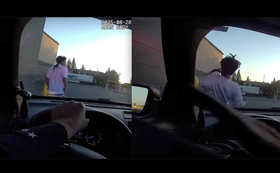 Cop driving patrol car doesn't mess around when he spots alleged gunman on the run — and reaching for his waistband