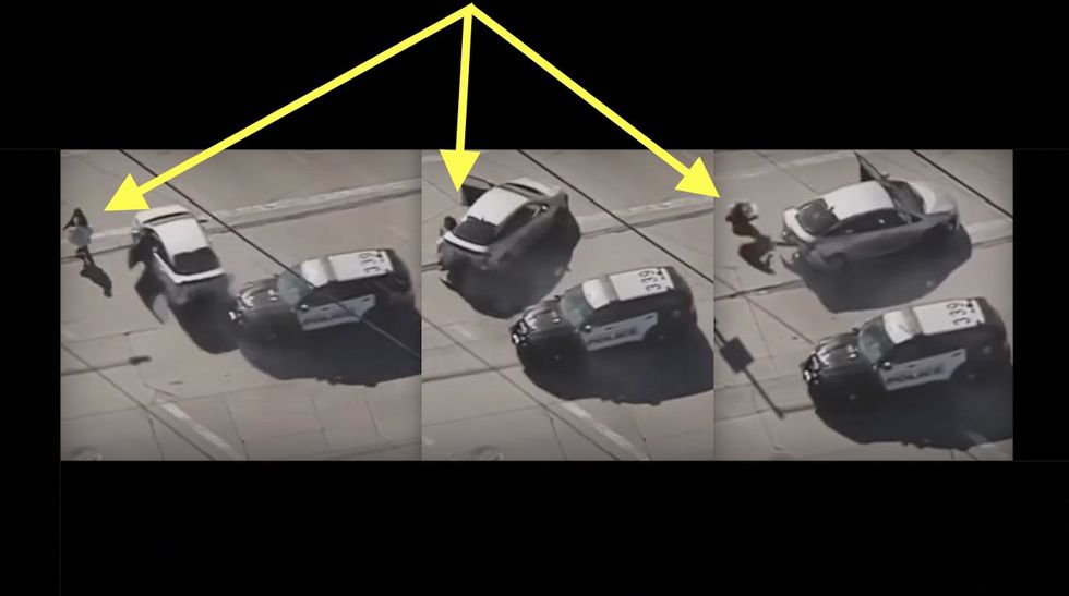 Cops ram carjacked vehicle‚ which spins and slams into 66-year-old woman crossing street‚ sending her flying into curb