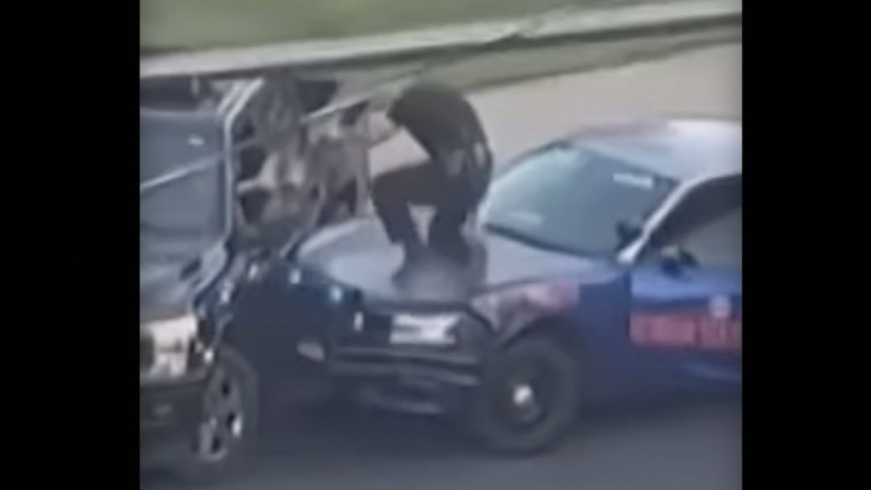 Driver doing donuts, burnouts hits onlookers as he tries escaping from cop; officer soon introduces punk's face to surface of street