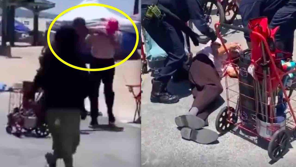 Elderly performer dances by the beach when thug sneaks up from behind and punches him in face, shattering his cheekbone