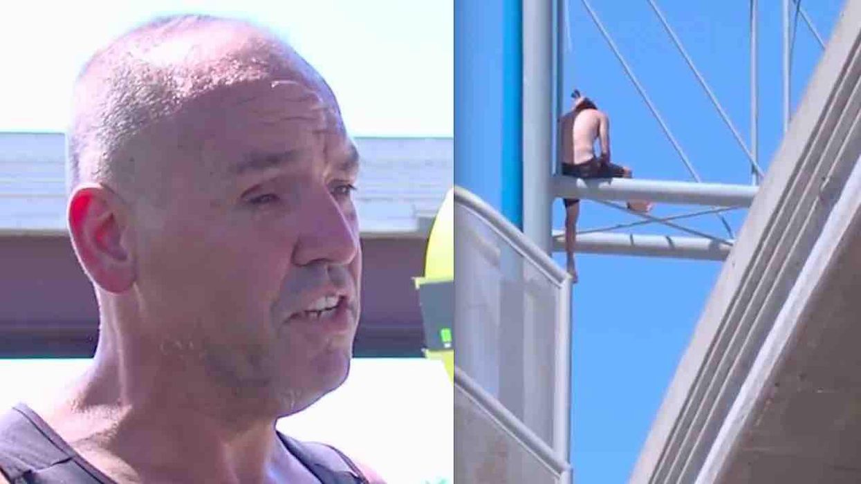 'God loves you, guy!': Good Samaritan shares simple message of hope to hurting man perched upon highway sign structure — and the man climbs down