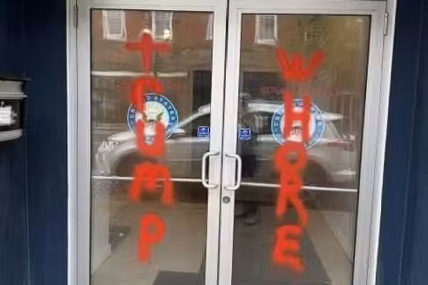 Graffiti vandalism on Sen. Susan Collins' (R - Maine) Biddeford, Maine office.