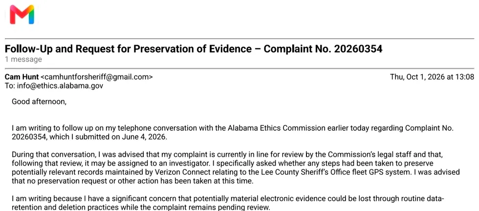 "Hunt's Oct. 1 email asking the Alabama Ethics Commission to preserve Verizon records."