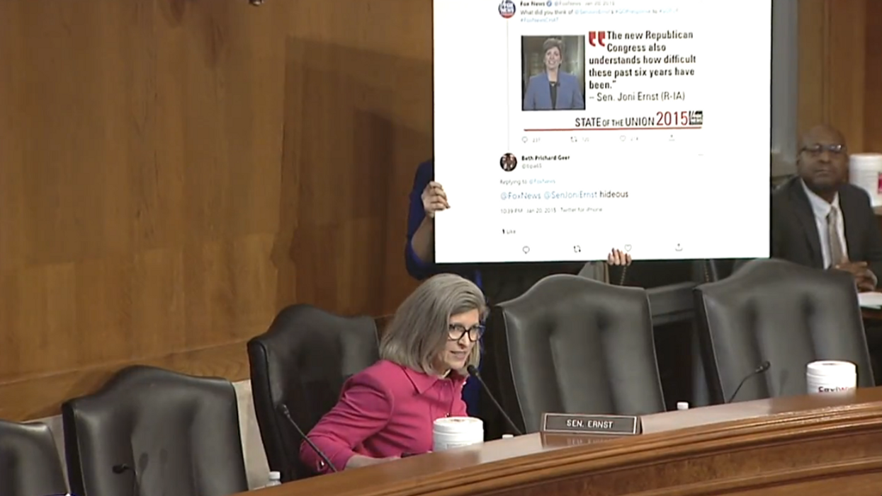 'I'm calling you out': Sen. Joni Ernst puts Biden nominee on the spot with blown-up image of her past tweet mocking Ernst