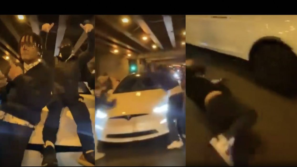 'F*** this car up!' Thugs climb on Tesla's hood amid Chicago street takeover, repeatedly pound, kick car — then one idiot gets schooled on Newton's third law of motion