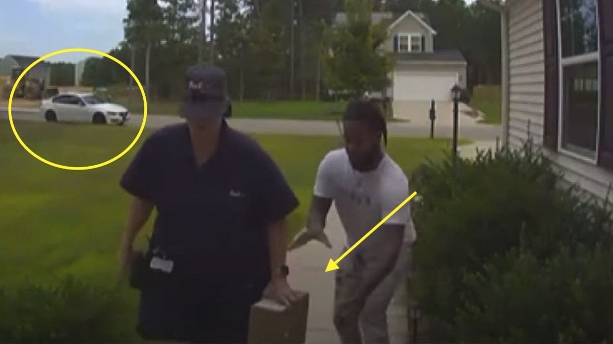Doorbell camera footage catches brazen porch pirate stealing package directly from FedEx driver's hands