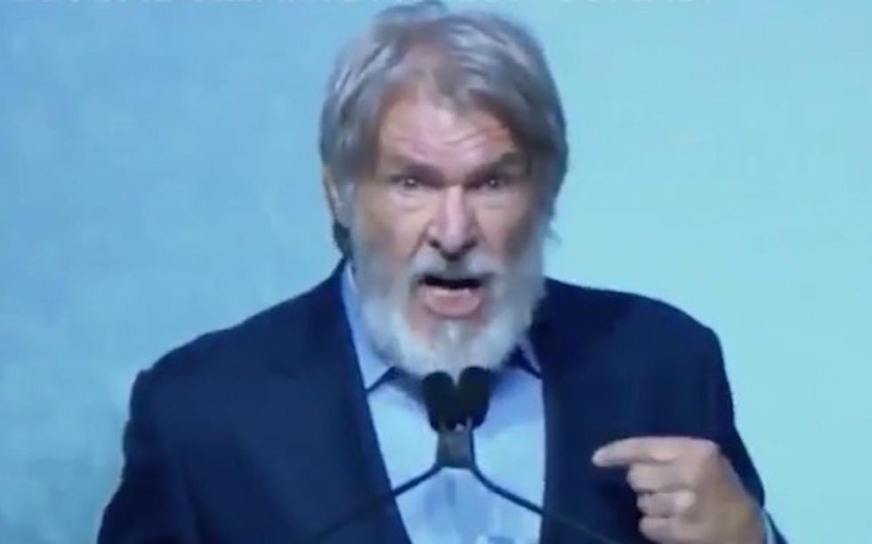 Actor Harrison Ford growls and seethes at those who 'don't believe in science' during climate speech
