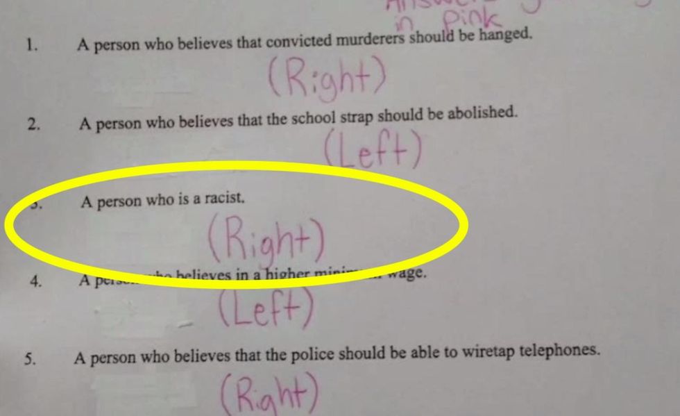 Racists are right-wingers, Canadian high school 'political spectrum' worksheet says