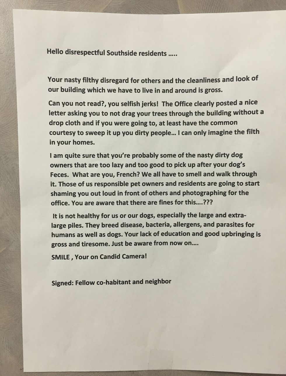 Read the Epic Letter Spotted in a Dallas Apartment Elevator From an Irate Resident: 'What Are You, French?