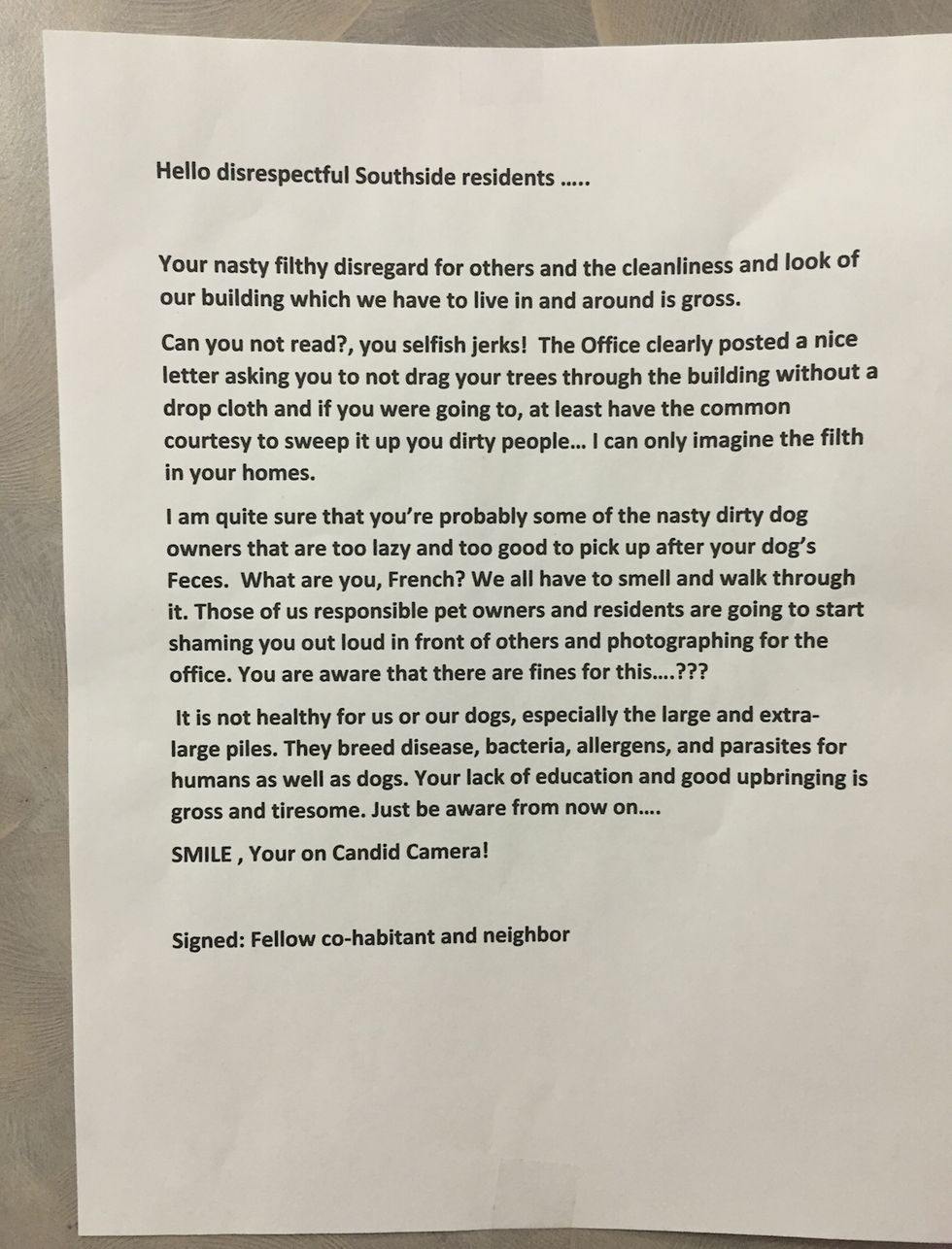 Read the Epic Letter Spotted in a Dallas Apartment Elevator From an Irate Resident: 'What Are You, French?