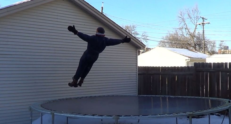 He's about to land on a frozen trampoline...
