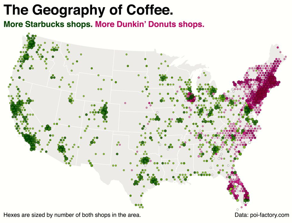 Starbucks or Dunkin' Donuts? This Map Shows Where Americans Get Their Coffee Fix.