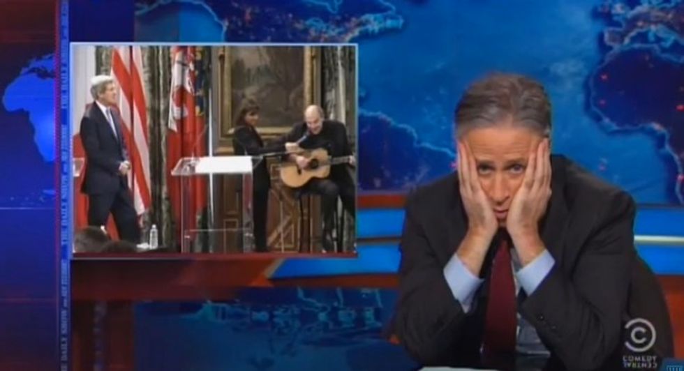 Stewart Mocks Kerry's Visit to France in Scathing Segment: 'Are You Trying to Get Us in a War?