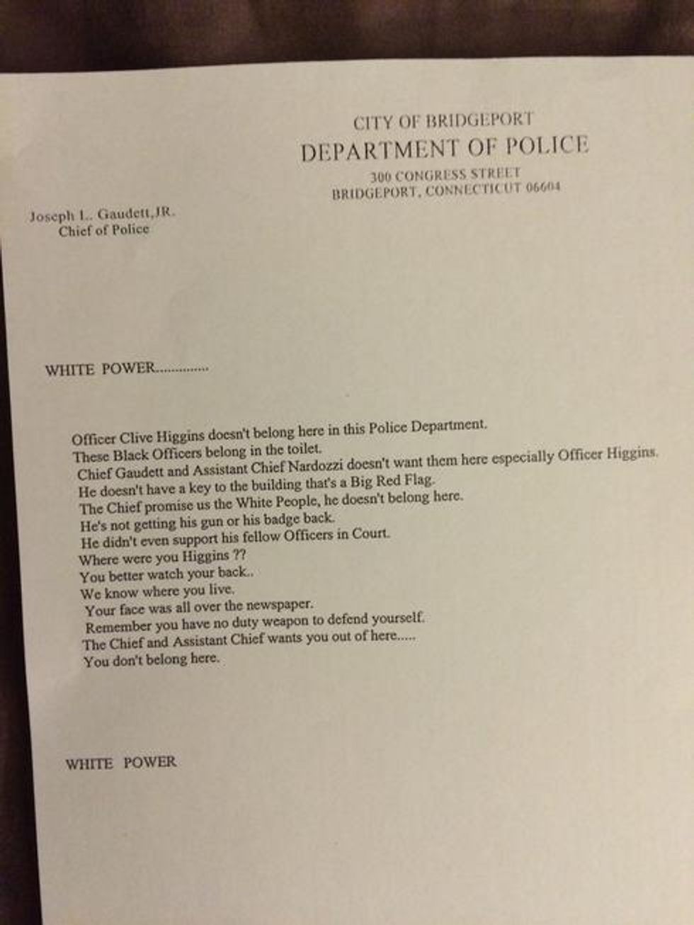 Racist Note Is Circulated at Conn. Police Dept. — and Cops Think It's Authored by One Of Their Own
