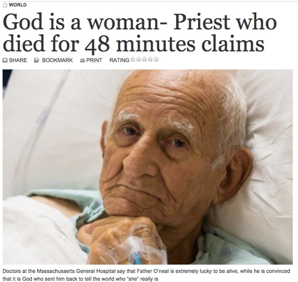 That Story About a Catholic Priest Dying, Seeing God as a Woman, and Coming Back to Life? It's Almost Definitely Fake