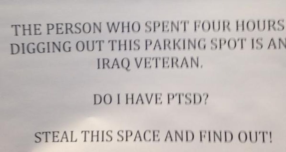 Alleged Iraq Veteran's Sign Might Be the Most Effective Way to Protect a Parking Space