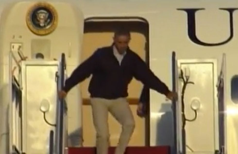 Watch Obama Nearly Fall Down the Stairs While Returning From Golf Outing