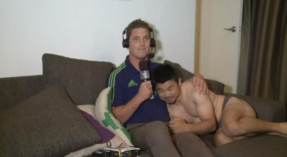 Sports Interview Turns Awkward When Rugby Player's Teammate Makes Surprise Appearance in Underwear