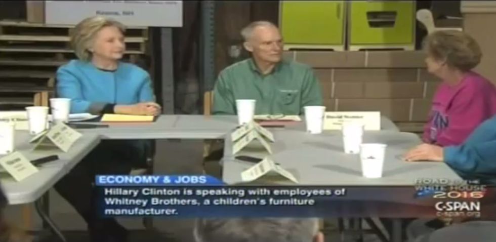 Try to keep count of how many times Hillary Clinton replies with this phrase during meeting with New Hampshire workers