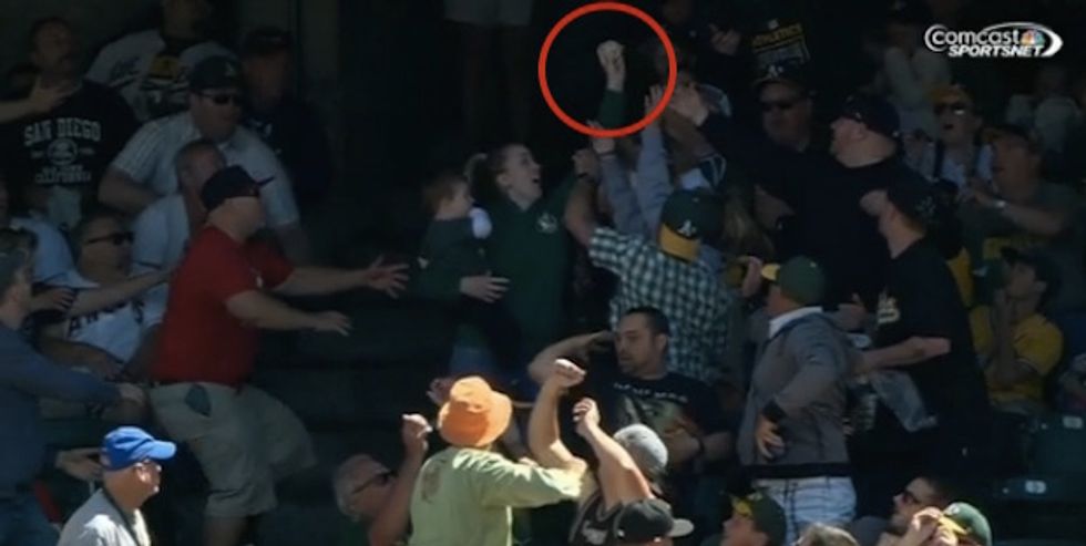 Mom Holding Baby Makes Best Baseball Catch of the Day on Father's Day