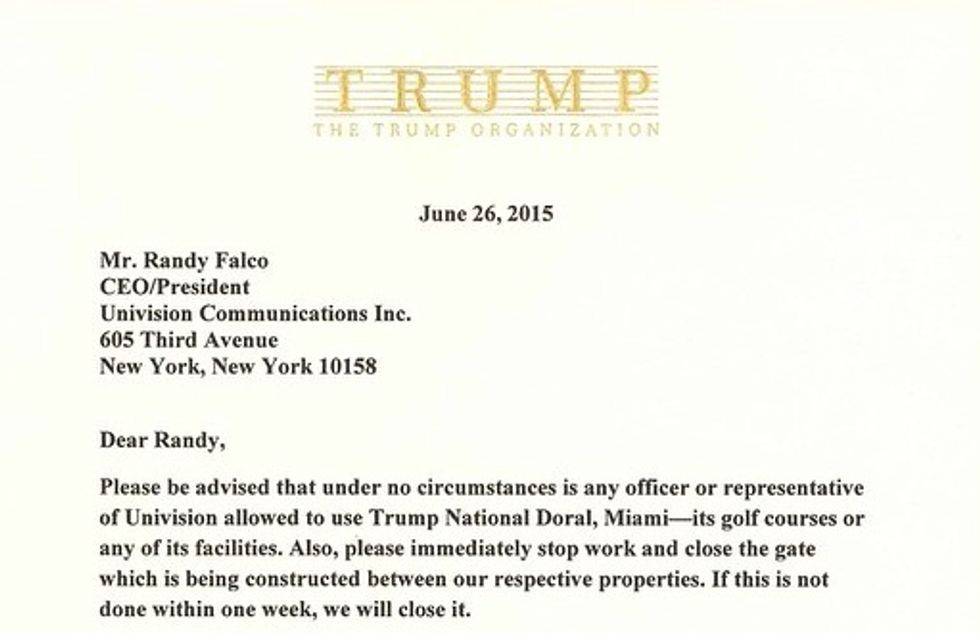 Read the Scathing Letter Donald Trump Just Sent the CEO of Univision: 'Please Be Advised...
