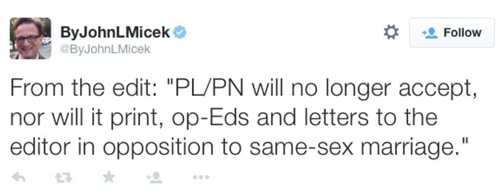 Newspaper Banned Anti-Gay Marriage Op-Eds, Then Backtracked — but There's Something Missing From This Editor's Apology
