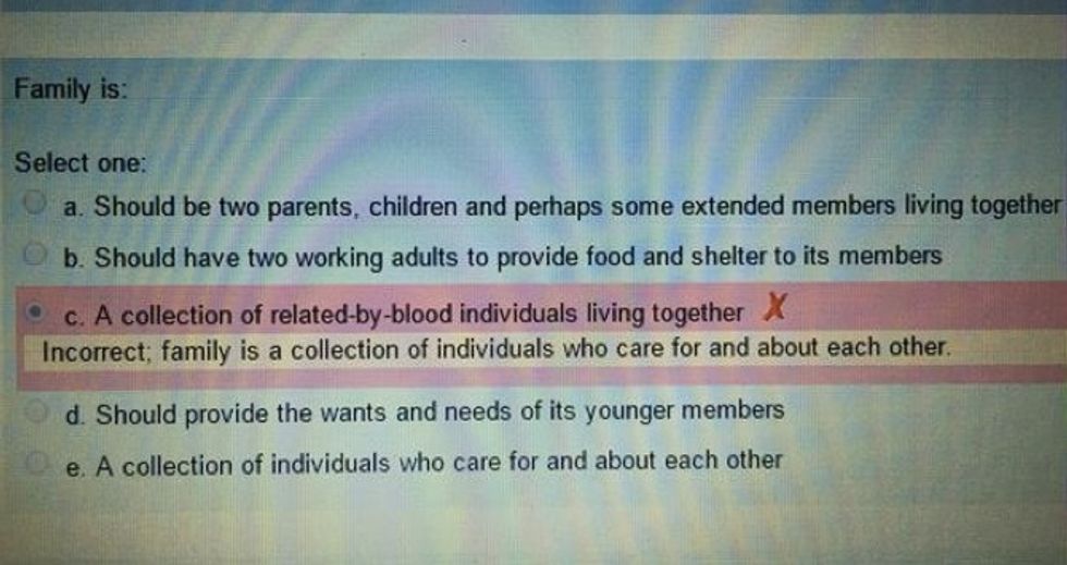 High School Test Question Asks for Definition of 'Family.' This Student's Answer Was Deemed Incorrect.