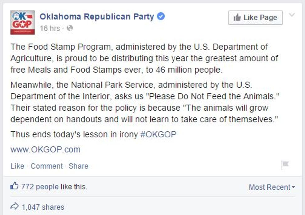 Oklahoma GOP Under Fire for Facebook Post Comparing Food Stamp Recipients to Animals