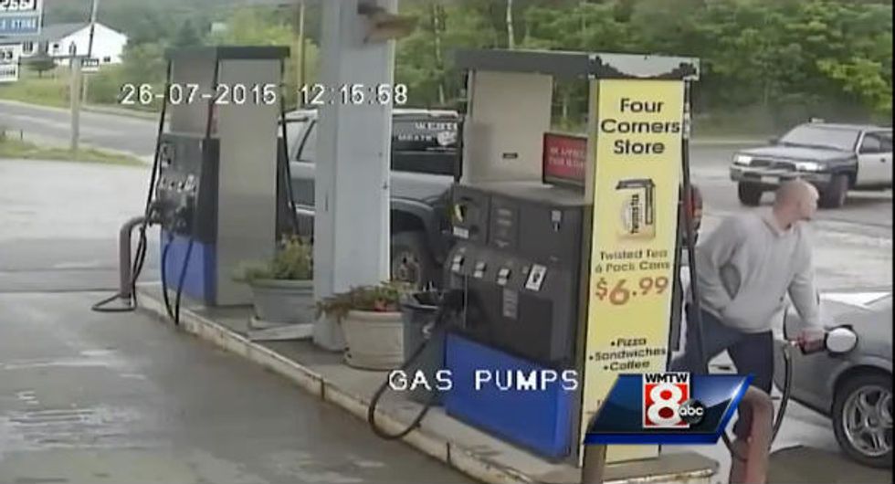 Man Pumping Gas Notices Something Out of the Corner of His Eye. When He Turns Around and Sees What It Is, He Knows He Has to Act Fast