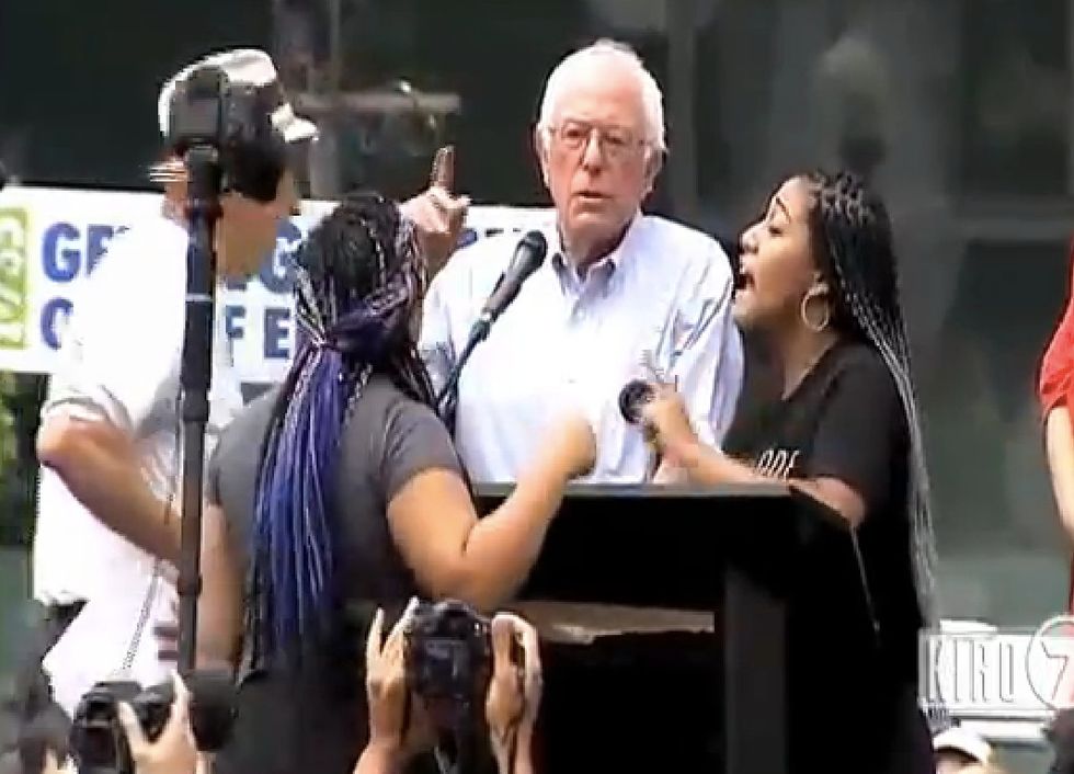 Black Lives Matter Activists Get Right in Bernie Sanders' Face During Speech, Bully Him Offstage, Take Over Event: 'White Supremacist Liberals