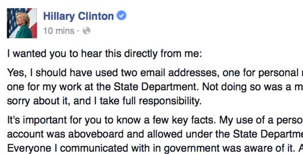 I'm Sorry': Read the Apology Hillary Clinton Just Posted to Facebook for Using Private Email Server