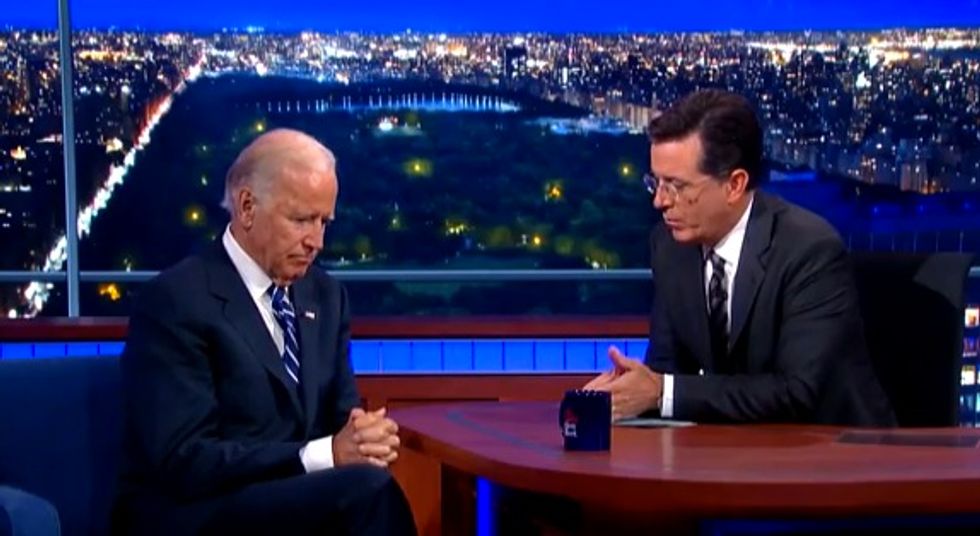 Stephen Colbert's Interview With VP Joe Biden Quickly Takes an Emotional Tone: 'You've Just Got to Get Up