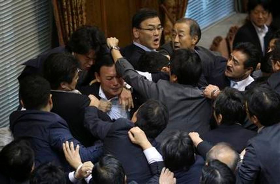 Raw Video Shows the Moment All Hell Breaks Loose Among Japanese Lawmakers After Controversial Bill Advances