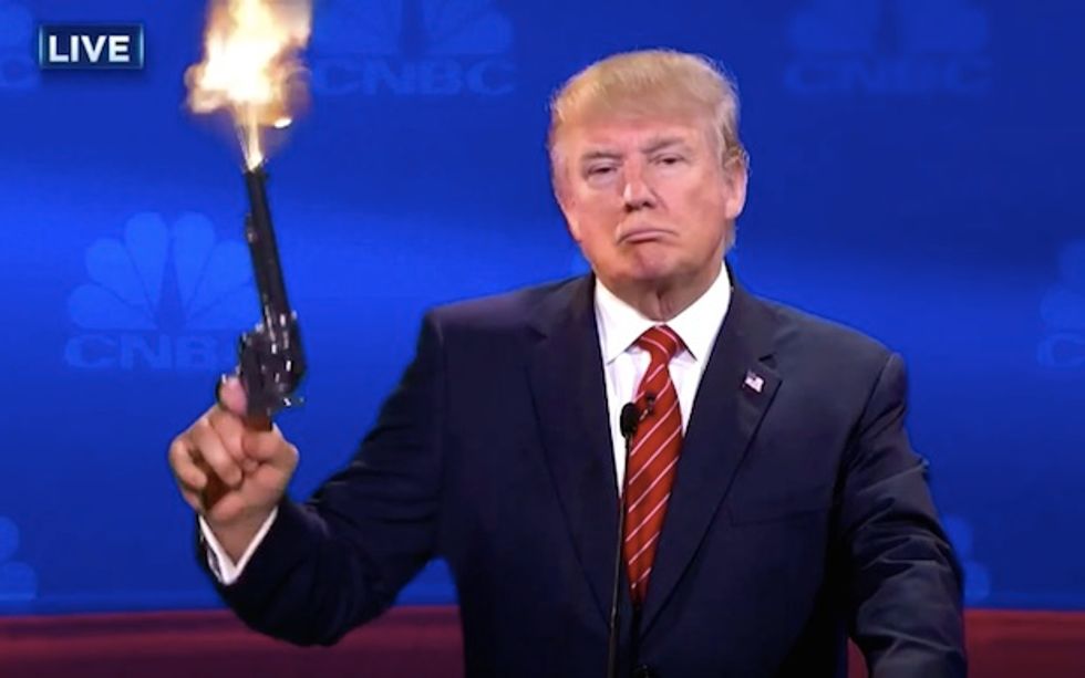 Trump quiets debate with a pistol, Lindsey Graham sounds drunk: Late-Night TV hosts skewer CNBC debate 