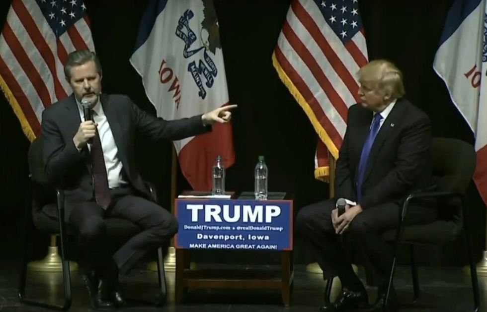 Onstage With Donald Trump, Jerry Falwell Jr. Says the GOP Frontrunner 'Doesn't Brag.' After Big Laughs, Falwell Makes an Adjustment.