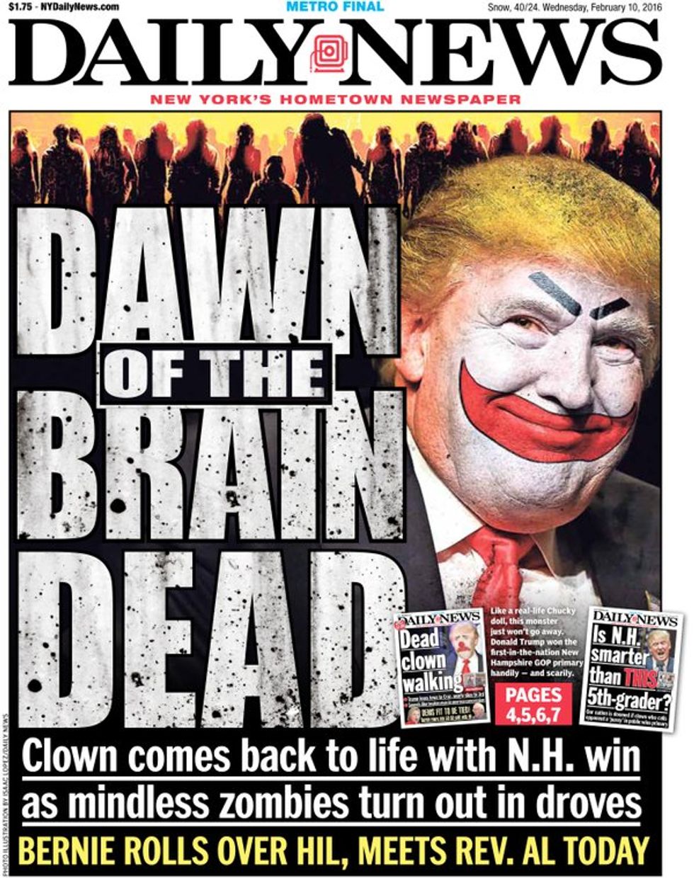 New York Daily News Depicts Trump As a Clown, Says His Supporters Are 'Mindless Zombies