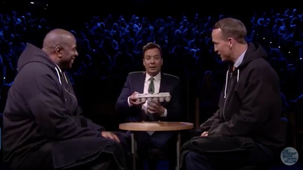 Super Bowl Champion Peyton Manning and NBA Legend Magic Johnson Play ‘Egg Russian Roulette’