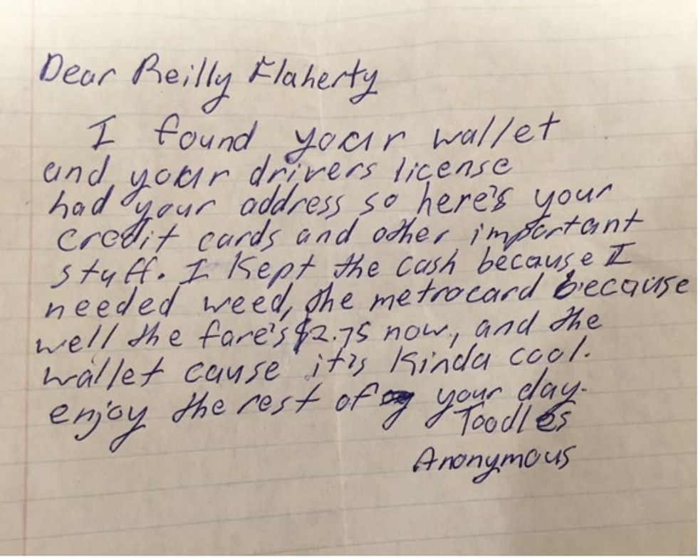 New Yorker Loses Wallet at Concert — Weeks Later, He Receives an Envelope With Some of the Missing Items and This Note