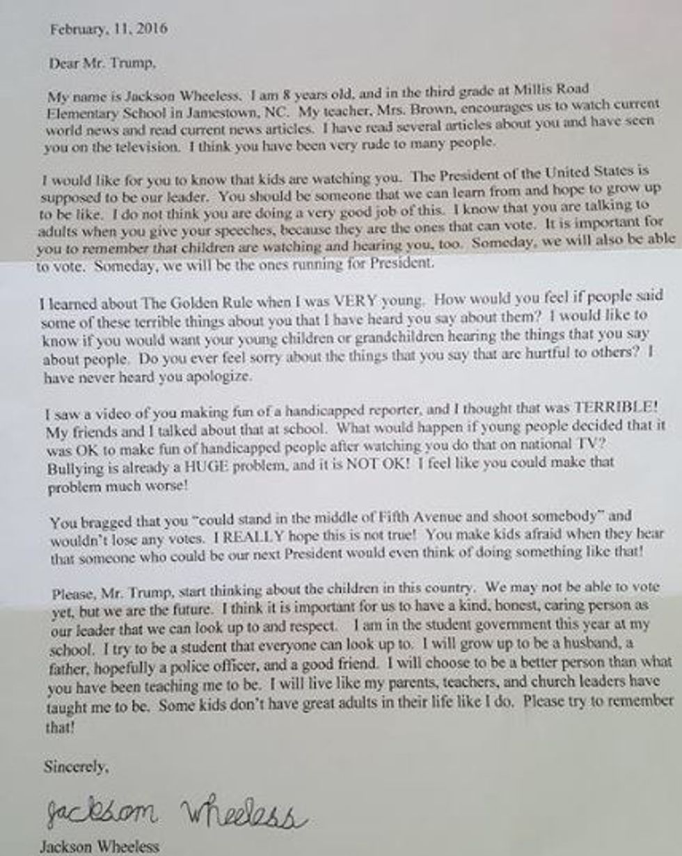 Third-Grader Writes Scathing Letter to Donald Trump: 'Please, Start Thinking About the Children in This Country