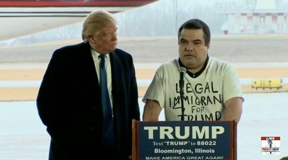 Trump Welcomes Man Wearing 'Legal Immigrant For Trump' Shirt to Join Him Onstage at Illinois Rally