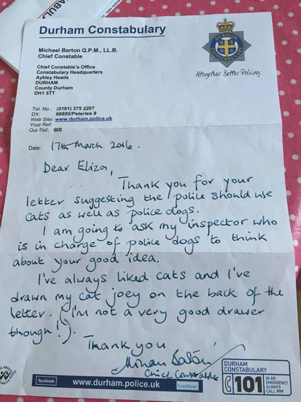 Girl Sends Letter to Cops Asking Why They Don't Have Police Cats — See How They Responded