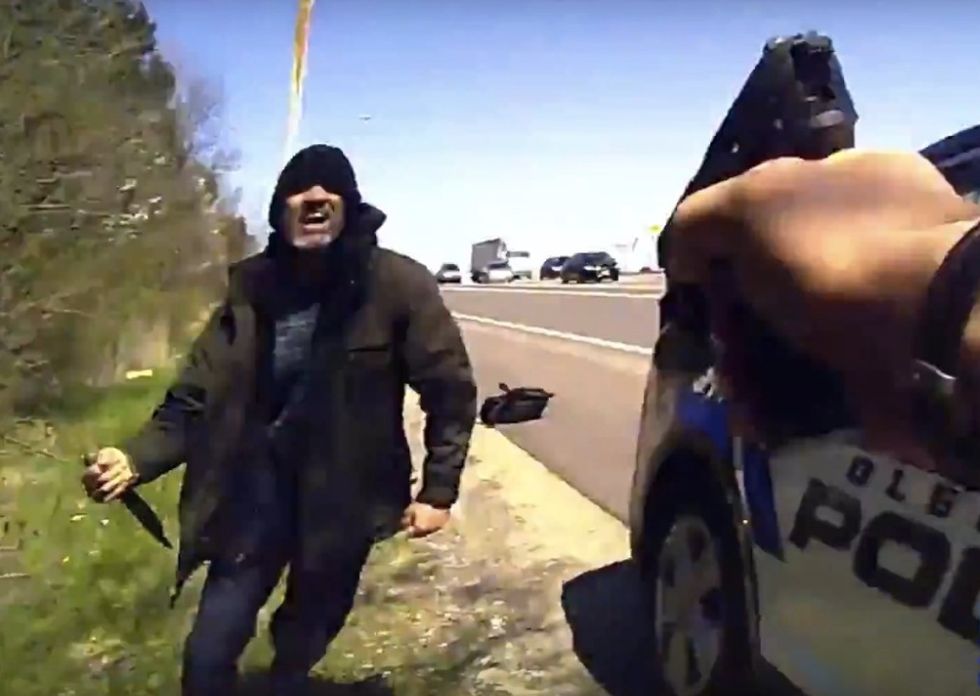 Kill Me! Kill Me!': Harrowing Highway Standoff Between Knife-Wielding Murder Suspect and Police Captured on Cop's Bodycam