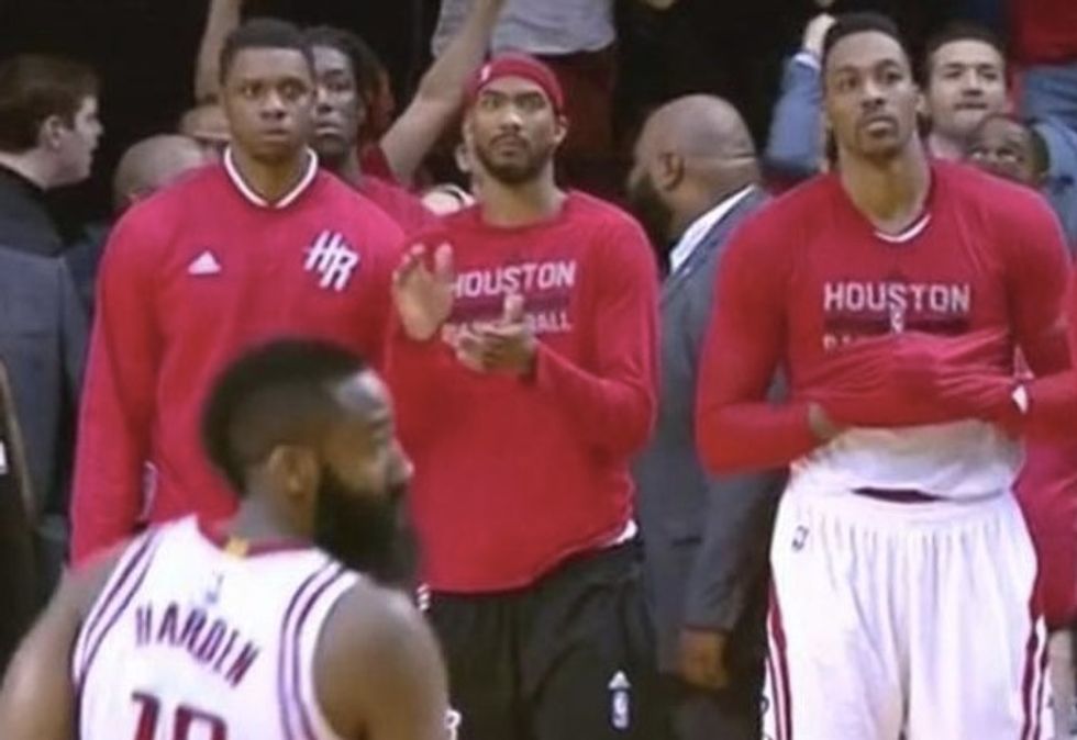 Rockets’ James Harden Hits Late Jumper to Defeat Seemingly Unstoppable Warriors — but Watch His Teammates on Bench